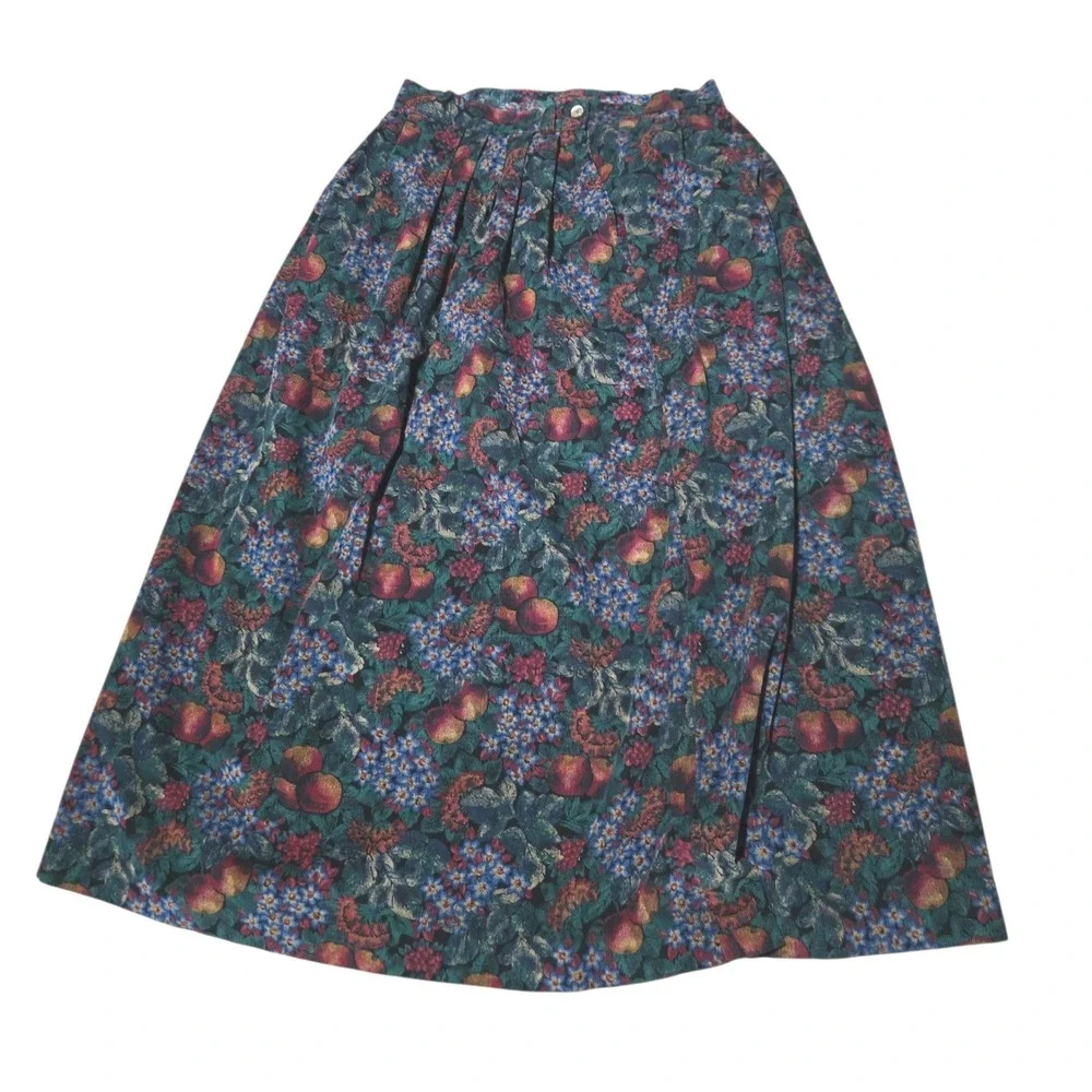 L.L. Bean Vintage Corduroy Floral Fruit Tapestry Midi Skirt Green Red 12 Petite